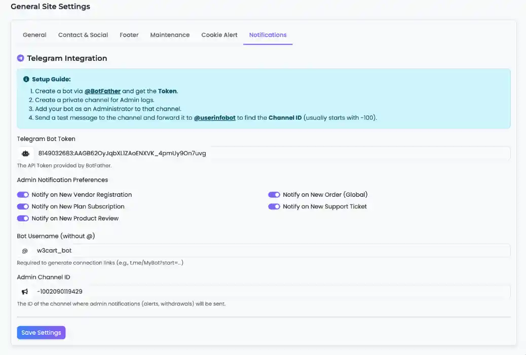Telegram Integration Settings in Admin Panel